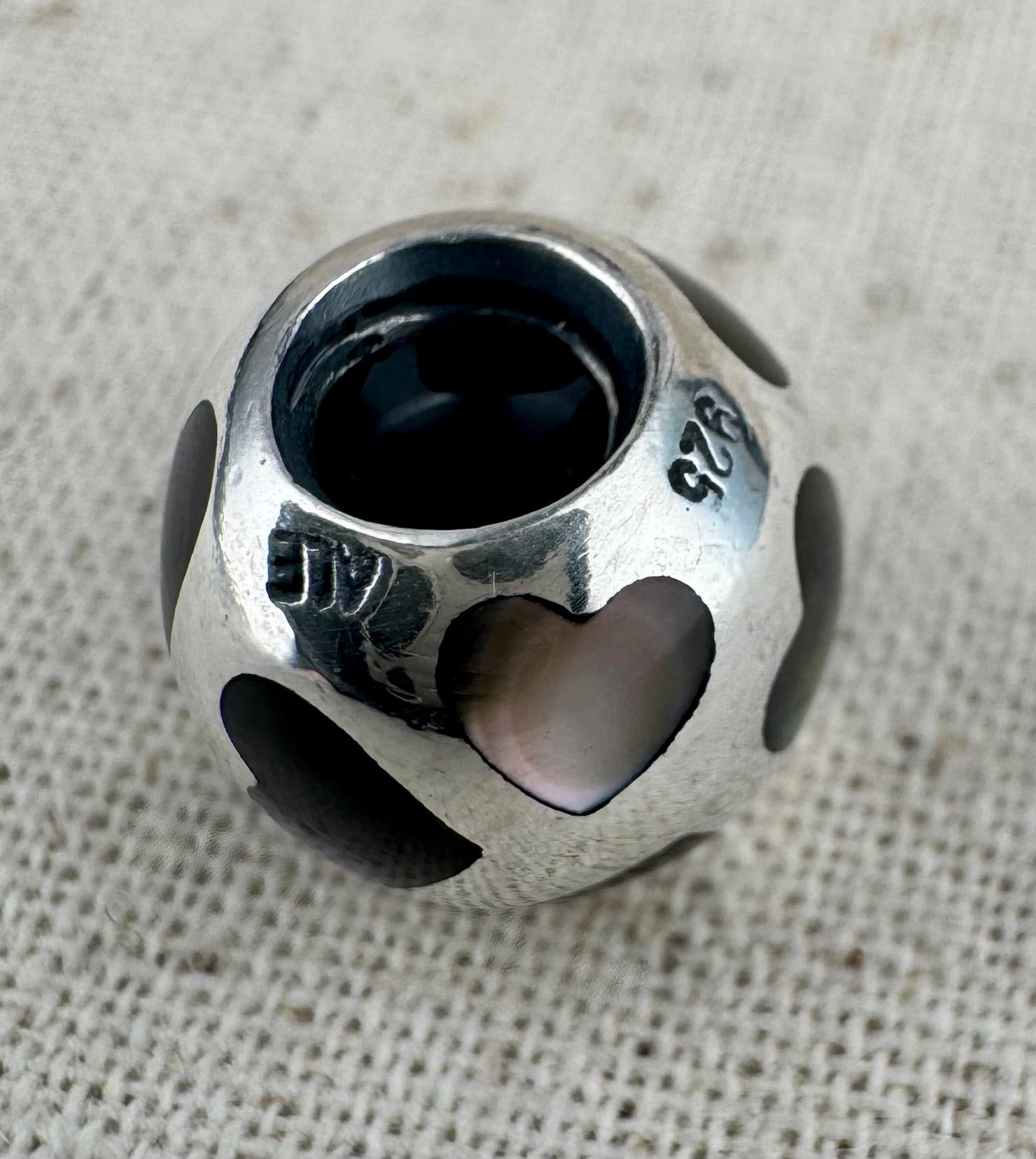 Pandora 925 ALE Silver Mother of Pearl Hearts Charm