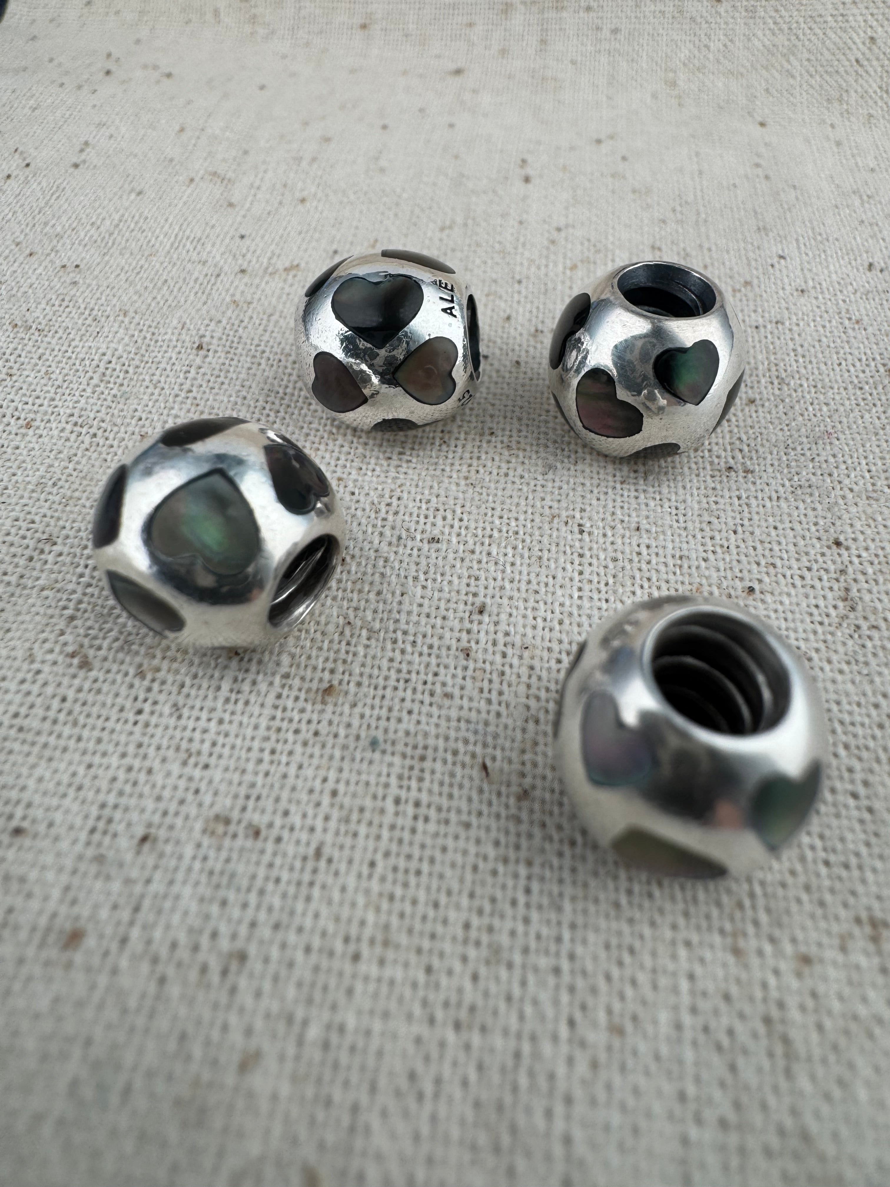 Pandora 925 ALE Silver Mother of Pearl Hearts Charm