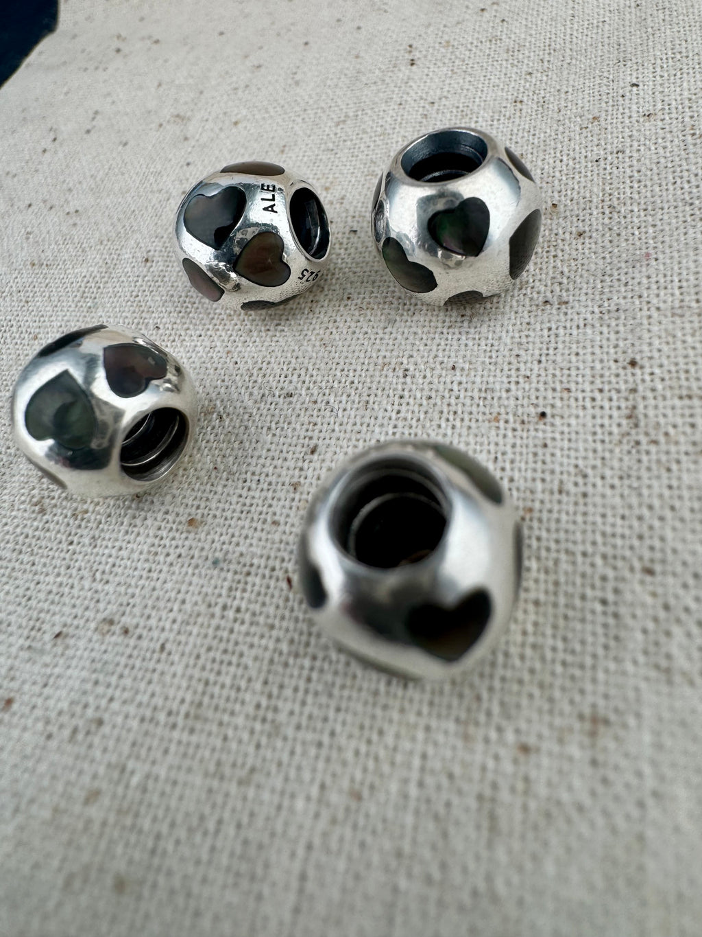 Pandora 925 ALE Silver Mother of Pearl Hearts Charm