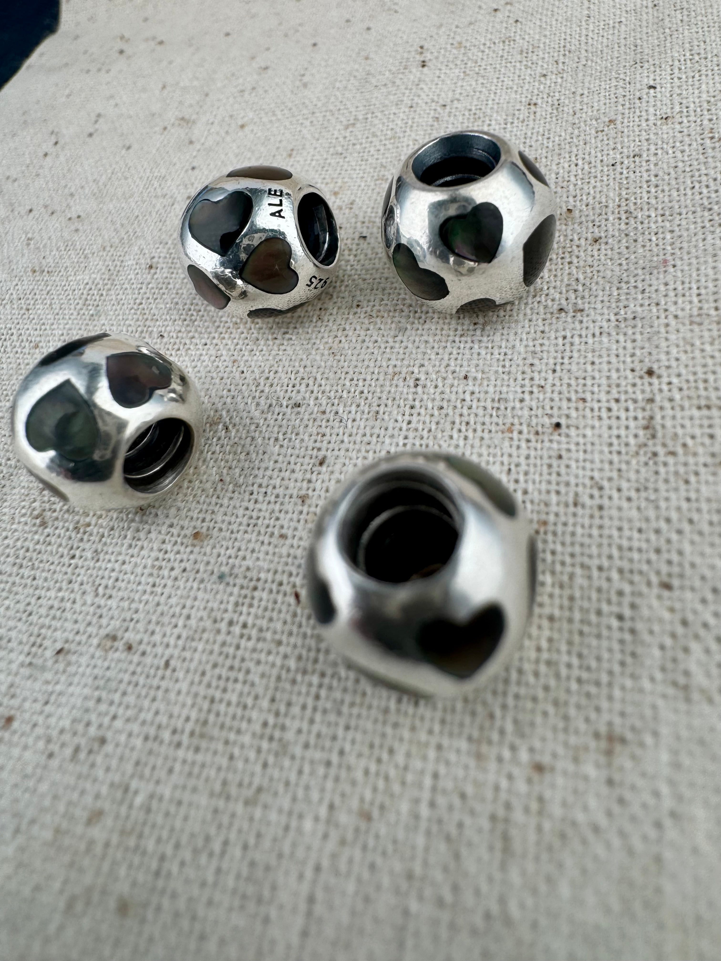 Pandora 925 ALE Silver Mother of Pearl Hearts Charm