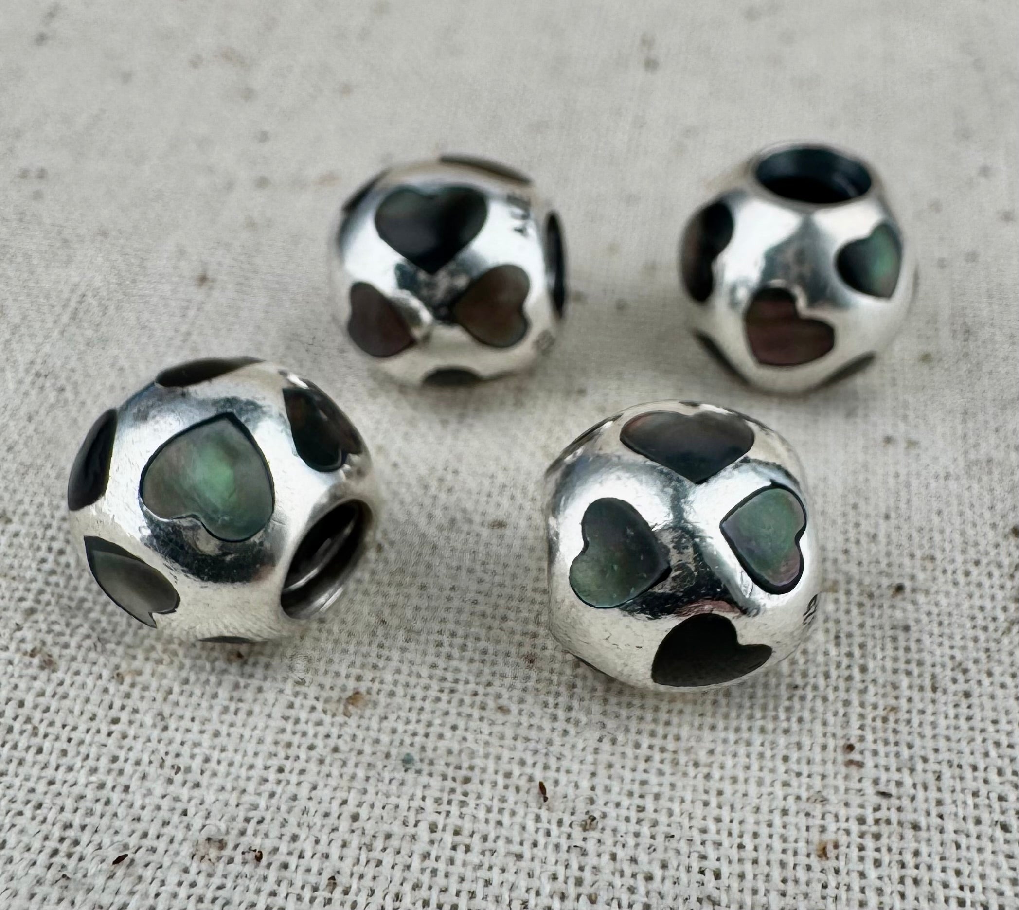 Pandora 925 ALE Silver Mother of Pearl Hearts Charm