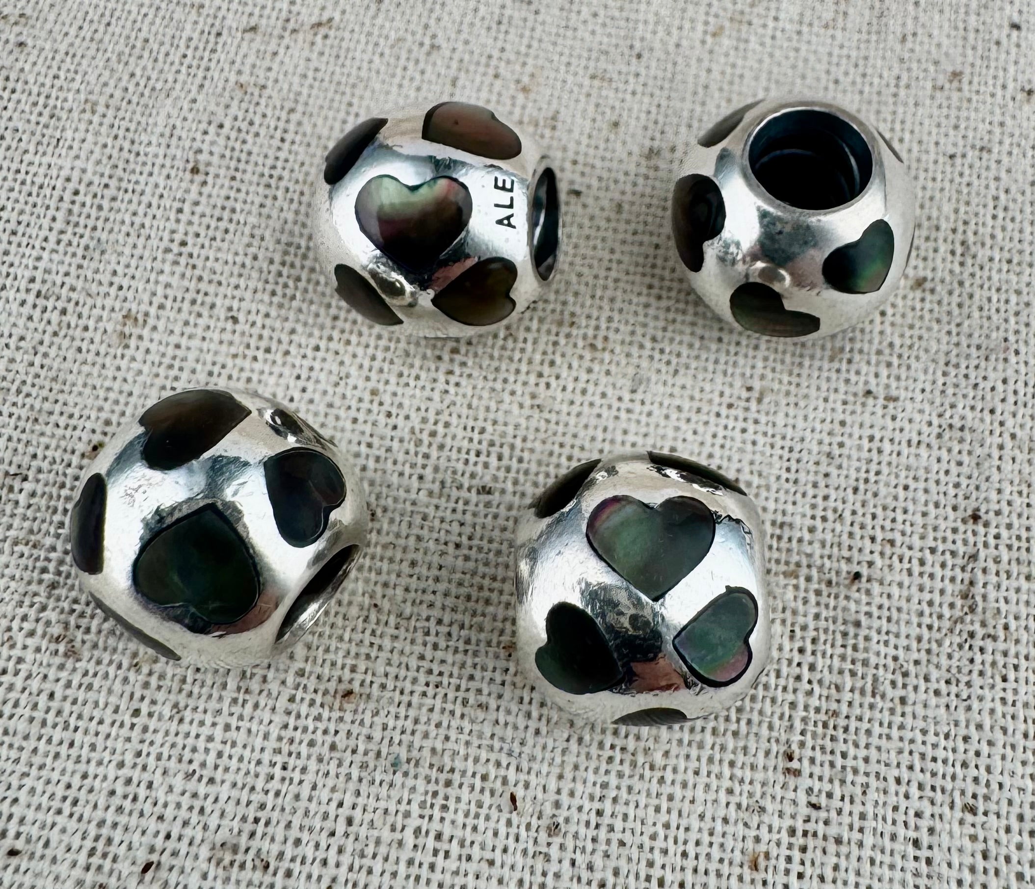Pandora 925 ALE Silver Mother of Pearl Hearts Charm
