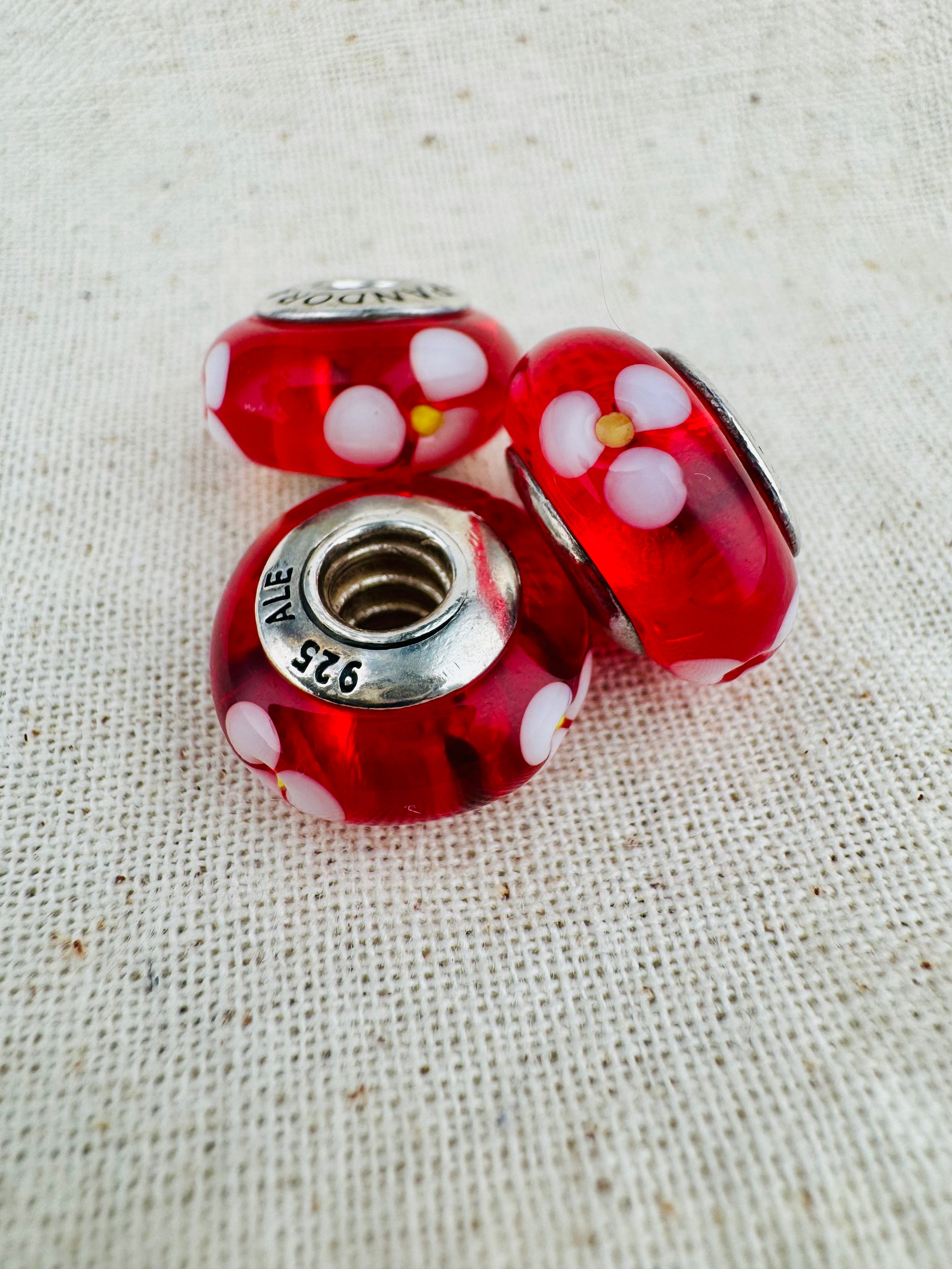 Pandora 925 ALE Silver Murano Red Glass With Flowers