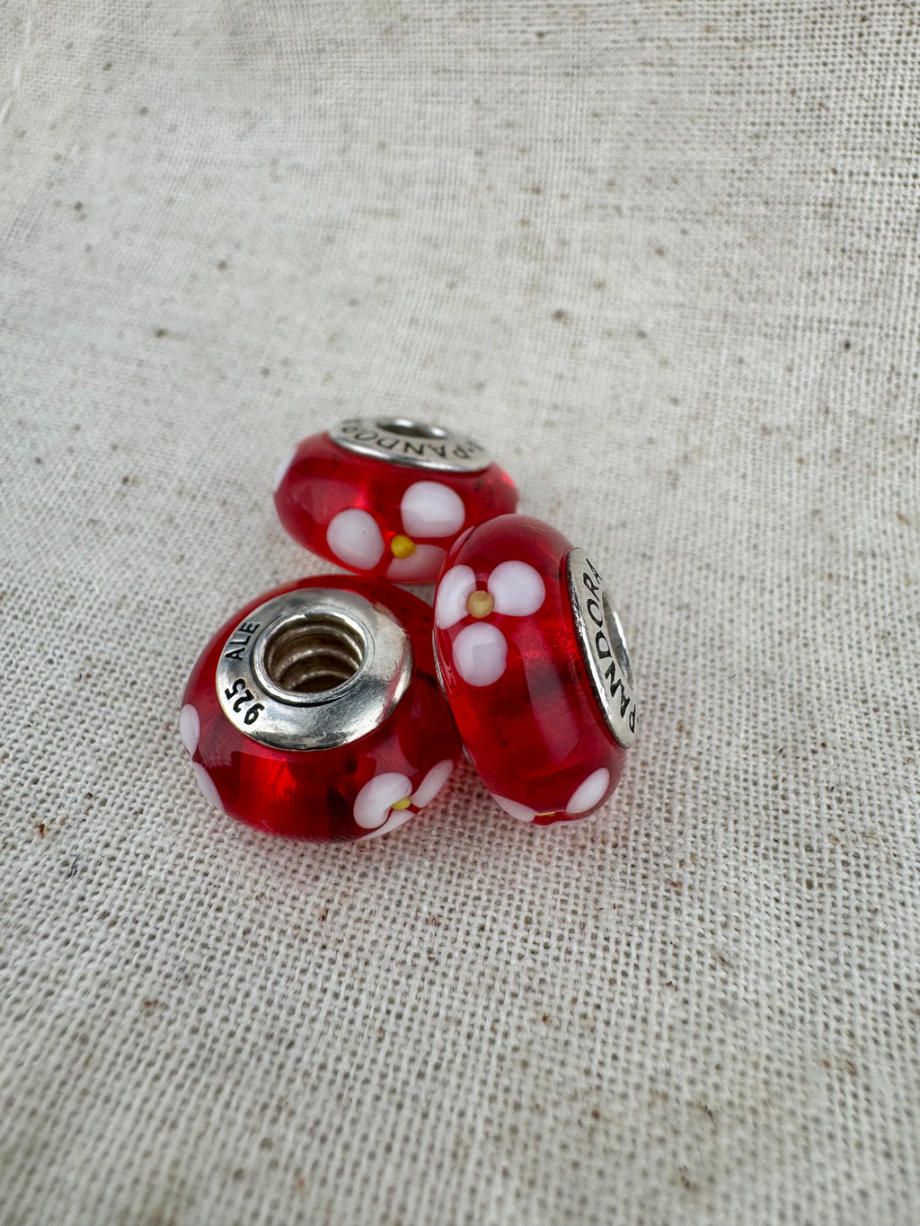 Pandora 925 ALE Silver Murano Red Glass With Flowers