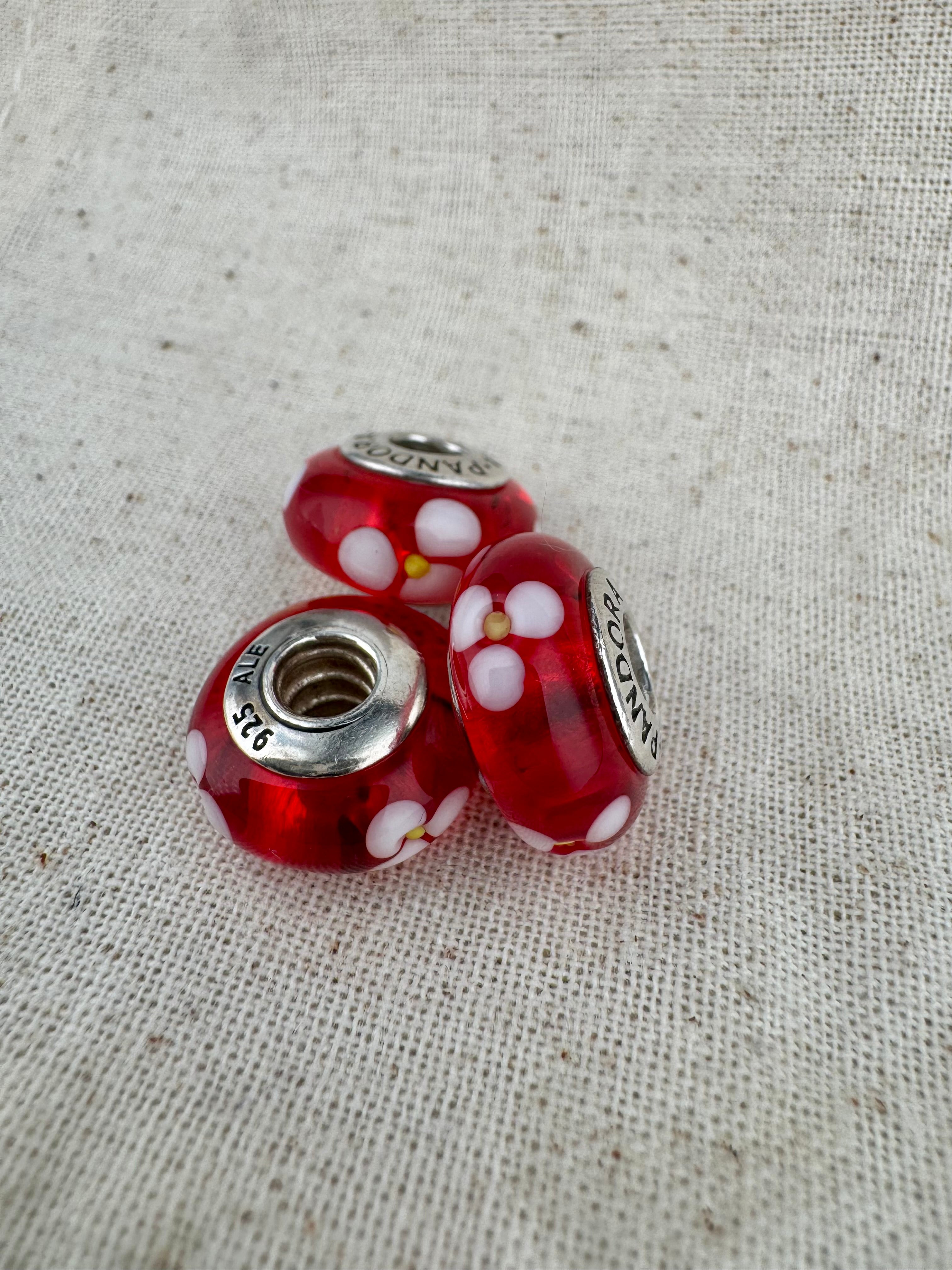 Pandora 925 ALE Silver Murano Red Glass With Flowers