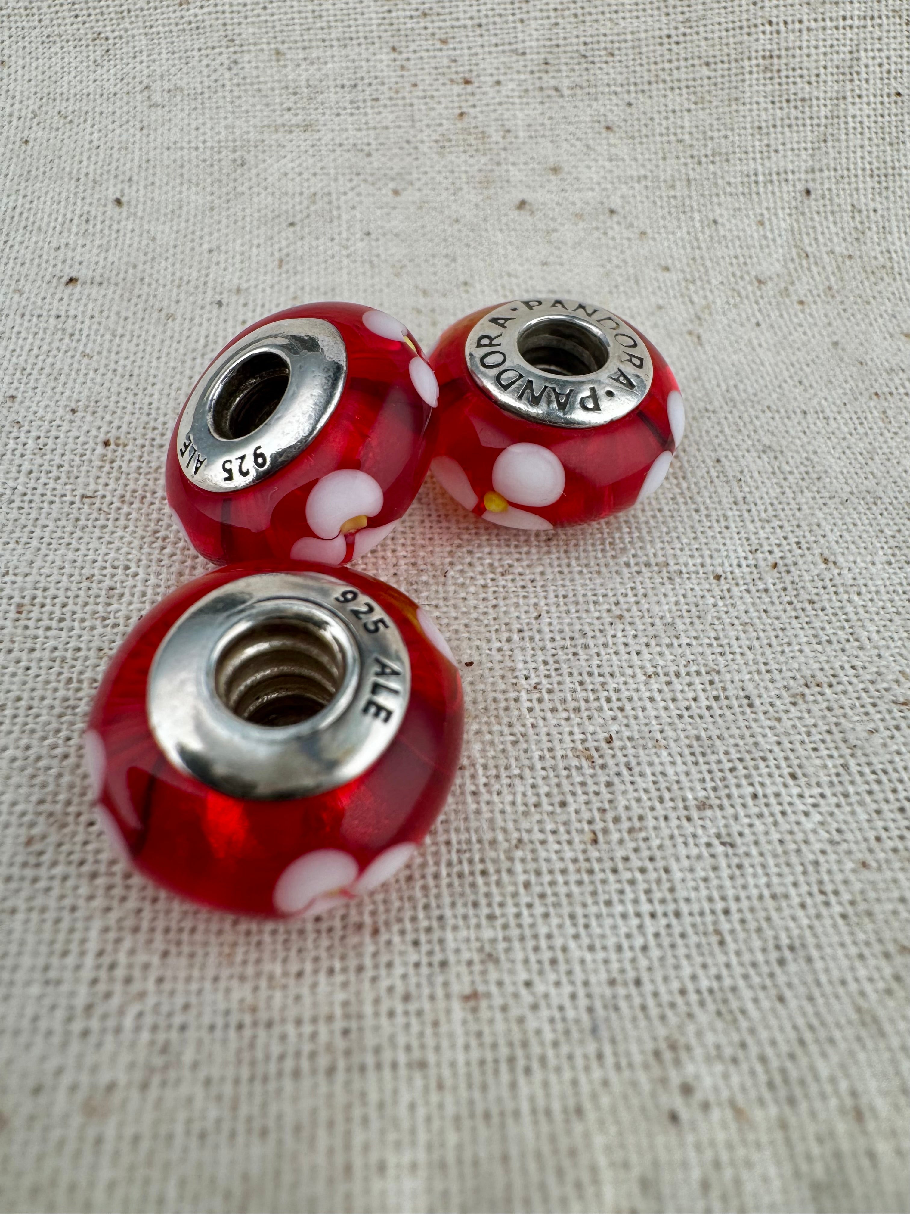 Pandora 925 ALE Silver Murano Red Glass With Flowers